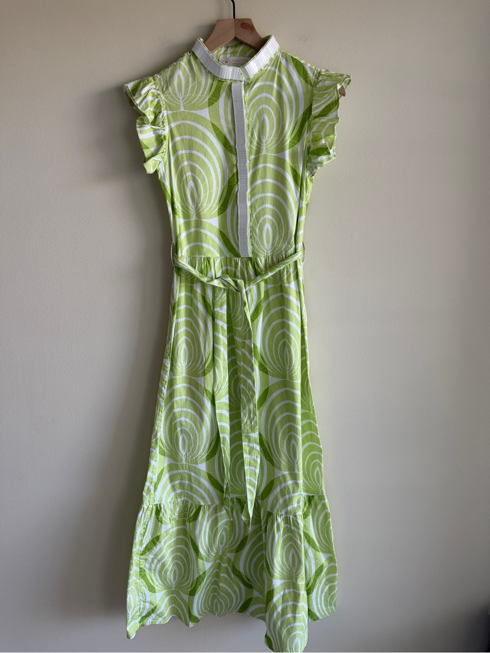 Sheridan French Lime Green White Print Maxi Dress XS Flutter Sleeve Belted - Picture 3 of 13